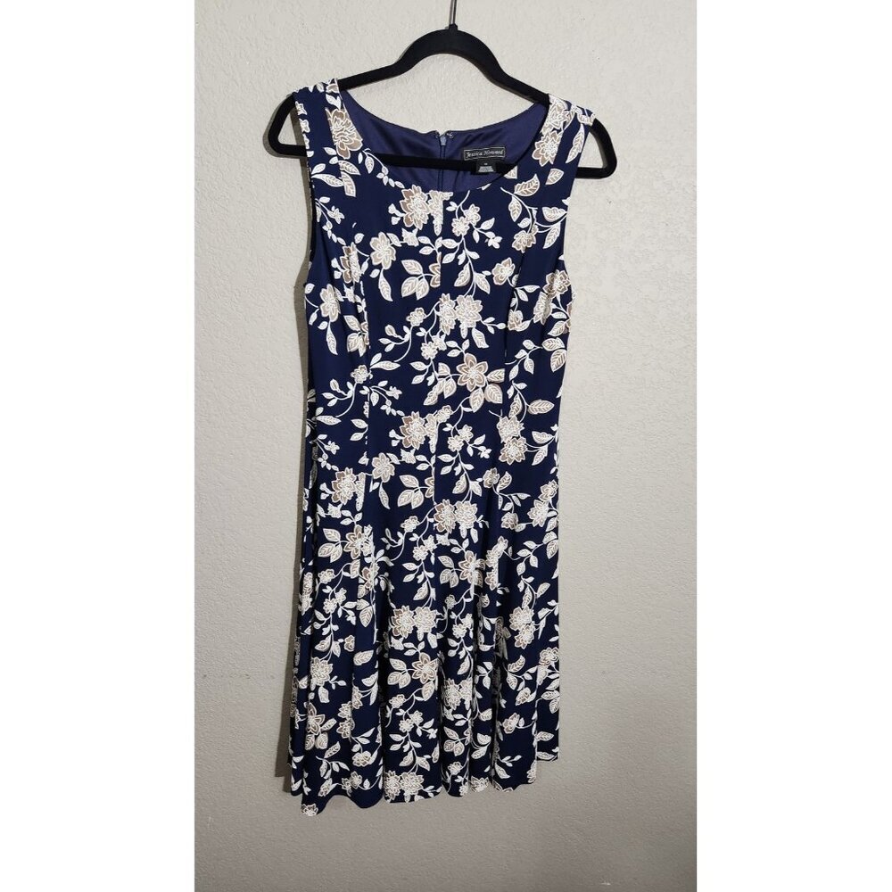 Jessica Howard Dress Womens 10 Navy Blue White Floral Sleeveless Fit Flare Midi